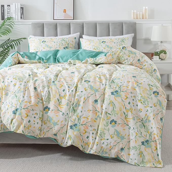 HoneiLife Duvet Dover King Size - 100% Cotton Comforter Cover Floral Duvet Cover Sets, Botanical Duvet Cover with Zipper Closure & Corner Ties, 3-PC Wildflower Comforter Cover Sets, Ink-Painting