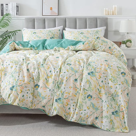 HoneiLife Duvet Dover King Size - 100% Cotton Comforter Cover Floral Duvet Cover Sets, Botanical Duvet Cover with Zipper Closure & Corner Ties, 3-PC Wildflower Comforter Cover Sets, Ink-Painting