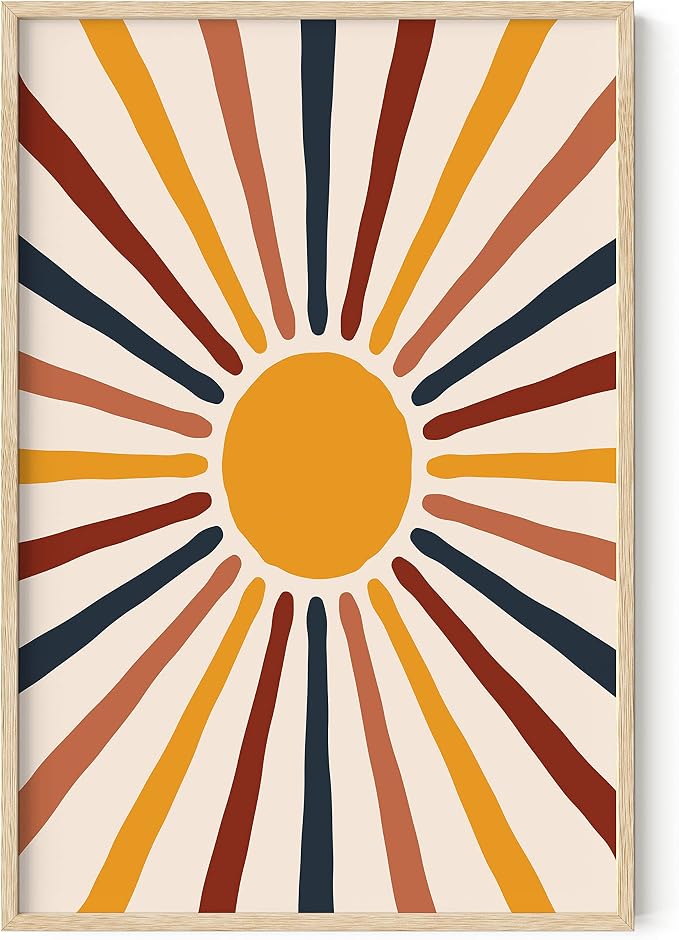 HAUS AND HUES Mid Century Sun Poster - Mid Century Modern Art Print, Boho Picture for Wall, Centered Yellow Sun (Framed Beige 24x36)