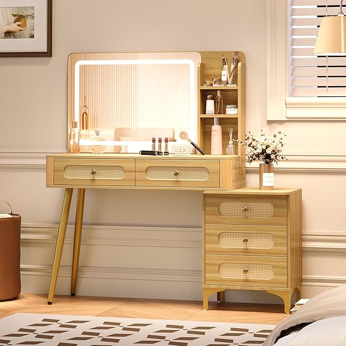 47" Mid-Century Modern Makeup Vanity Table with Mirror & Lights Vintage Vanity Desk with 3-Color Dimming Light 5 Drawers 3 Open Shelves Natural Wood Vanity with Rattan Decor & Metal Legs