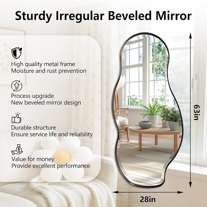 POZINO Large Irregular Beveled Mirror, 63"x28.5" Asymmetrical Accent Wall Mirror with Metal Frame, Organic Full Length Mirrors for Entryway Hallway Living Room Bedroom, Horizontal/Vertical Hanging