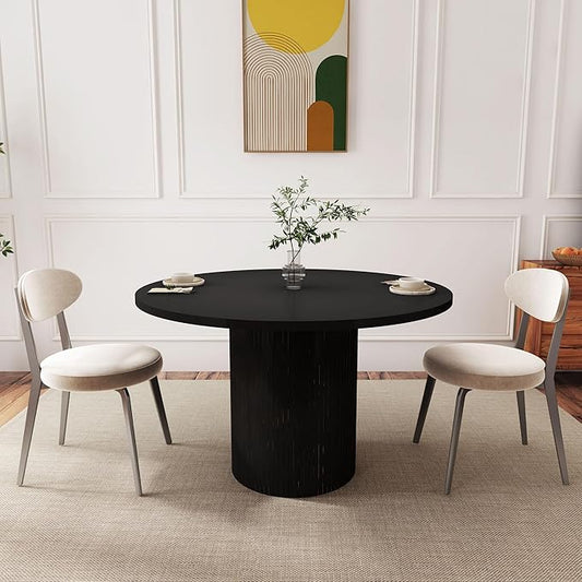 QHITTY Fluted Round Dining Table, 47-inch Wood Kitchen Table for 4, Farmhouse Circle Tabl with Strip Base for Kitchen, Living Room, Black