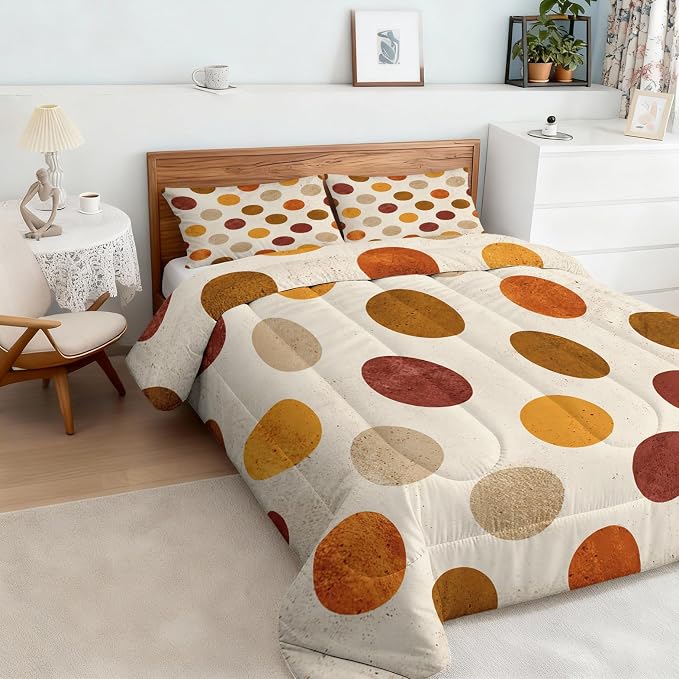 Polka Dot Twin Size Comforter Sets 2 Piece, Retro Geometric Printed Pattern, Soft All Season Bed Comforter & 1 Pillow Sham, Polka Dots Bedroom Decor Reversible Bedding D-GM7