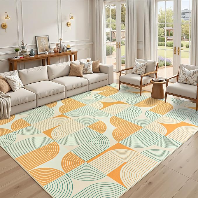 Large 9x12 Area Rugs for Living Room, Washable Modern Mid Century Rug for Bedroom, Soft Non-Slip Indoor Floor Carpet for Dining Room Nursery Office Home, Orange