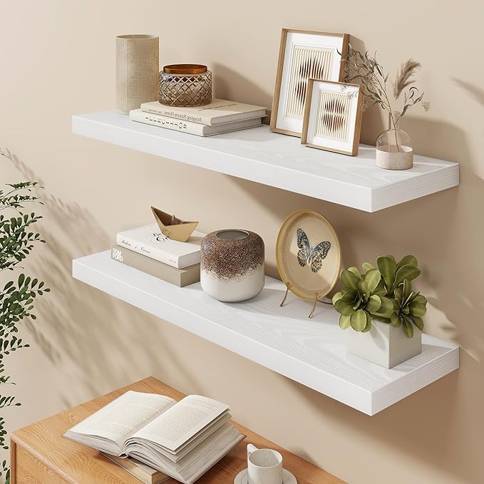 Fun Memories 40 Inch Floating Shelves in White, 9.3 Inch Deep Floating Shelf for Bathroom Living Room Kitchen, Rusitc Wall Mounted Bathroom Shelves 2 Pack, Heavy-Duty Deep Shelf for Books Decor