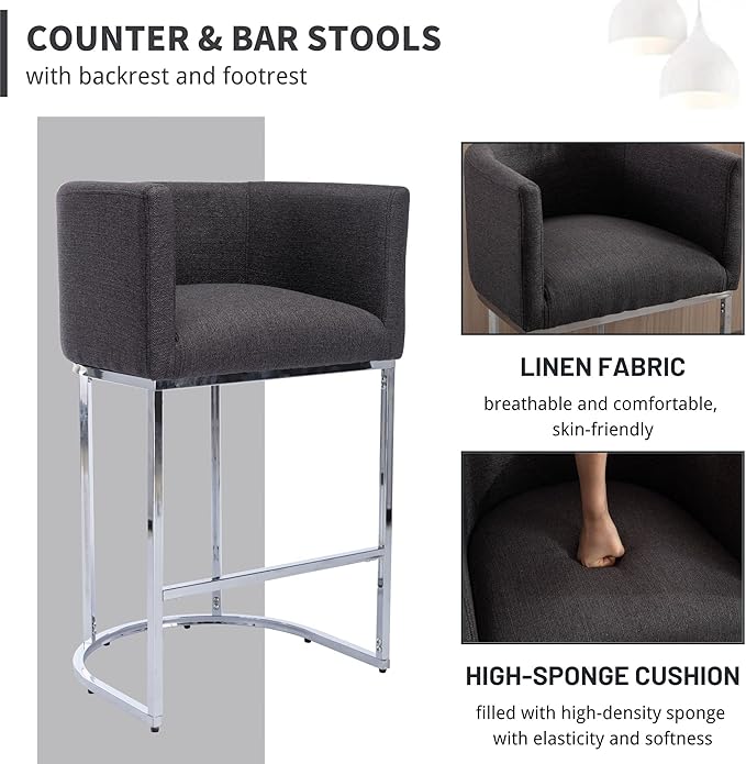Contemporary Charcoal Linen Bar Stools Set of 3, 29" Upholstered Fabric Counter Height Barstools Kitchen Counter Island Stools with Chrome Metal Base