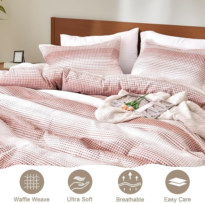 PHF Ultra Soft Yarn Dyed Waffle Weave Comforter Set Queen Size, 3 Pieces Lightweight Breathable Comfy Bedding Set, Comfy Textured 1 Comforter with 2 Pillow Shams, White and Brick