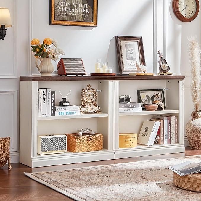 RWYHG 30" White Bookshelf,2-Tier Thick Wooden Book Shelf with Adjustable Shelves,Free Standing Farmhouse Bookcase with Open Display Storage,Floor Vintage Bookshelves for Living Room,Office