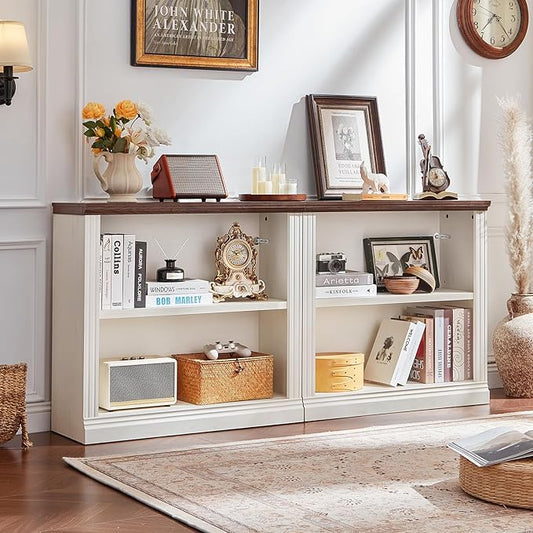 RWYHG 30" White Bookshelf Set of 2,2-Tier Thick Wood Book Shelf with Adjustable Shelve,Free Standing Farmhouse Bookcase with Open Display Storage,Floor Vintage Bookshelves for Living Room,Office