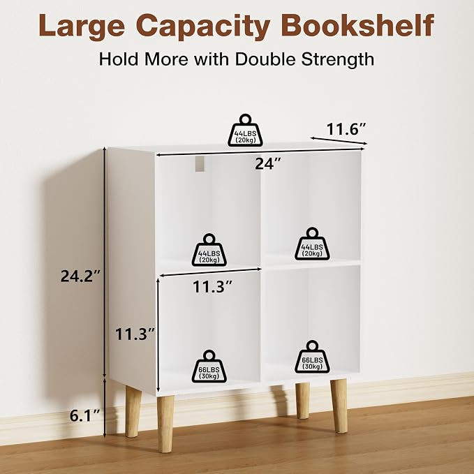 4 Cube Bookcase, Wooden Book Shelf Cube Storage Organizer with Legs, 2 Tier Bookshelf Freestanding Open Shelves for Living Room, Bedroom, Home Office (White, 4 Cube)