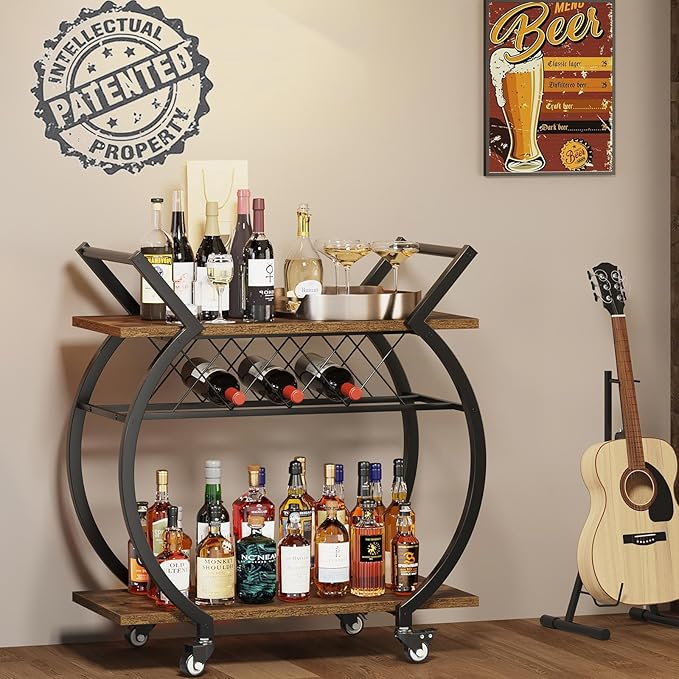 LVB Industrial Kitchen Bar Cart, Farmhouse Beverage Serving Liquor Cart with Wheels, Wood and Metal Rolling Wine Cart with Storage Shelf, Microwave Drink Cart for Home Living Dining Room, Rustic Brown