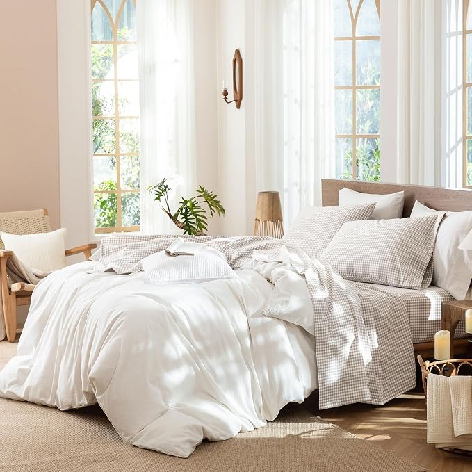 MooMee Gingham Sheet Set 100% Washed Cotton Linen Like Textured Breathable Soft w/Fully Elasticized 16-19" Deep Pocket (Mini Gingham Tannish Linen Grey, Queen)