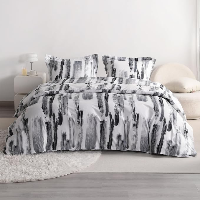 NTBAY 3 Pieces Ink Pattern Duvet Cover Set, Brushed Microfiber Soft Black and White Queen Duvet Cover Set, Reversible Zipper Comforter Cover with Ties and 2 Pillow Shams