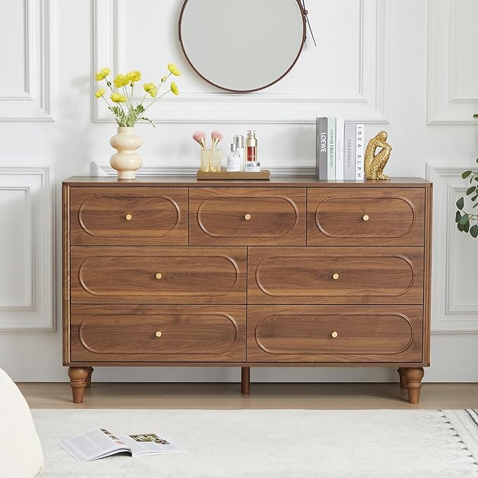 ORRD Fluted 7 Drawer Dresser for Bedroom, Mid Century Modern Chest of Drawers, Wood Storage Large Dresser Organizer for Bedroom Living Room Hallway Closet, Walnut