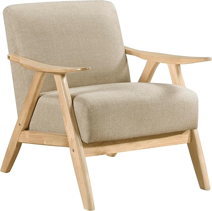 Lexicon Mid Century Modern Accent Chair with Solid Wood Frame in Natural Finish, Textured Fabric Living Room Lounge Arm Chair, Thick and Comfy Innerspring Seat Cushion, Linen-Look Fabric, Light Brown