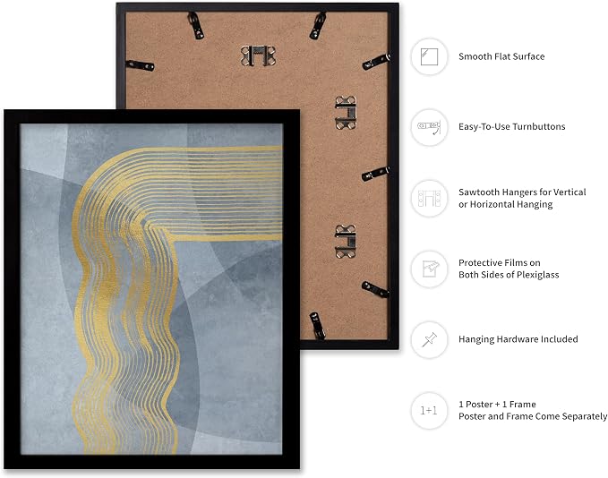 Poster Master Golden Lines Poster - Graphical Illustration Print - Abstract Design - Mid Century Modern Artwork - Visual Art - Chic Boho Artwork - Bedroom Decor - 11x14 Black Framed