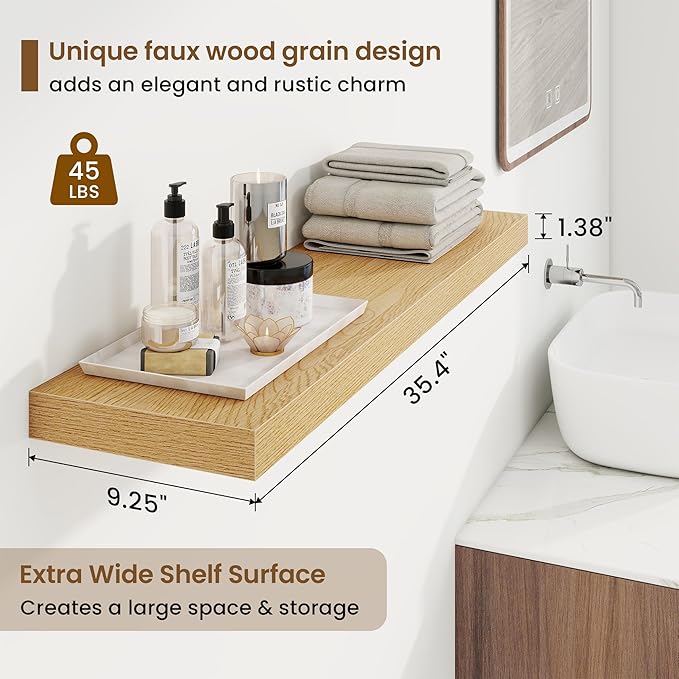 36in Floating Shelves for Wall, 36"W x 9.25"D x 1.25"H, 2 Pack Long Wall Mounted Engineered Wood Shelves with Invisible Brackets for Living Room, Bedroom, Bathroom, Kitchen Decor and Storage, Oak