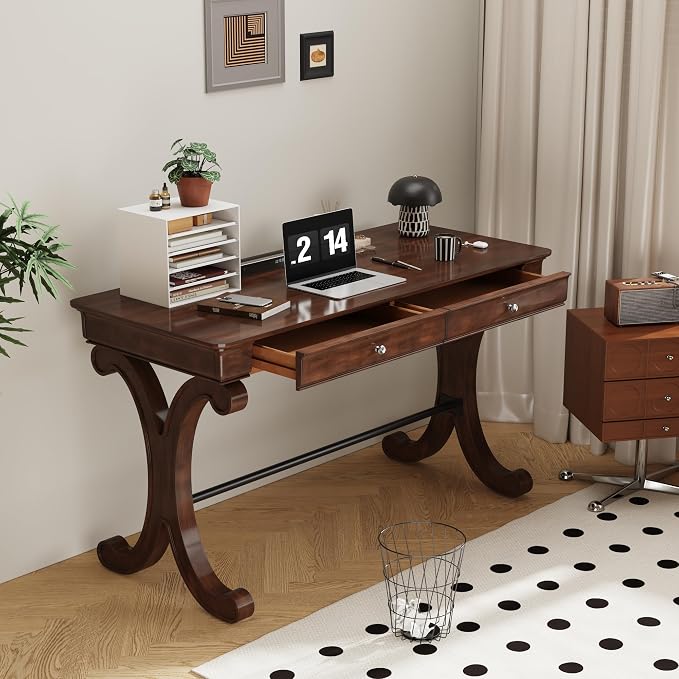 Mid-century Home Office Computer Desk with 2 Storage Drawers, Large 47"W French Provincial Vanity Desk Table with X Carved Legs, Solid Wood Dressing Desk, Console Table, Dark Cherry Red SSZ-D0036-DCR