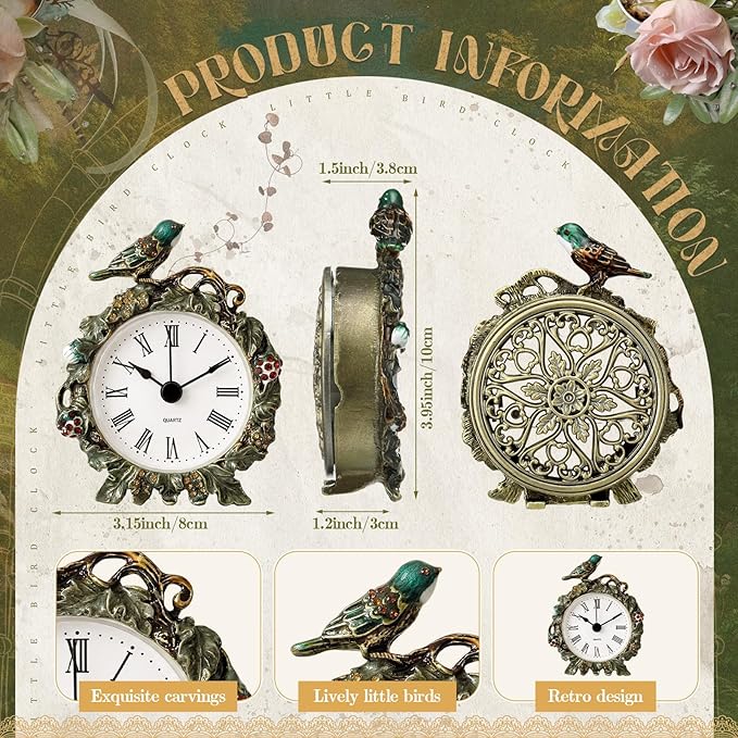 Kenning Vintage Mini Table Clock, 3.5 Inch Small Decorative Metal Non Ticking Analog Quartz Battery Operated Table Top Clock for Living Room Bedroom Bedside Desk Decor(Bird)