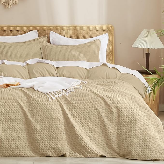 PHF Waffle Weave Duvet Cover Set King Size, No Snagging Ultra Soft Luxury Textured Breathable Comforter Cover for All Season 3pcs, Durable Bedding Duvet Set with 2 Pillow Shams, 104"x90", Khaki