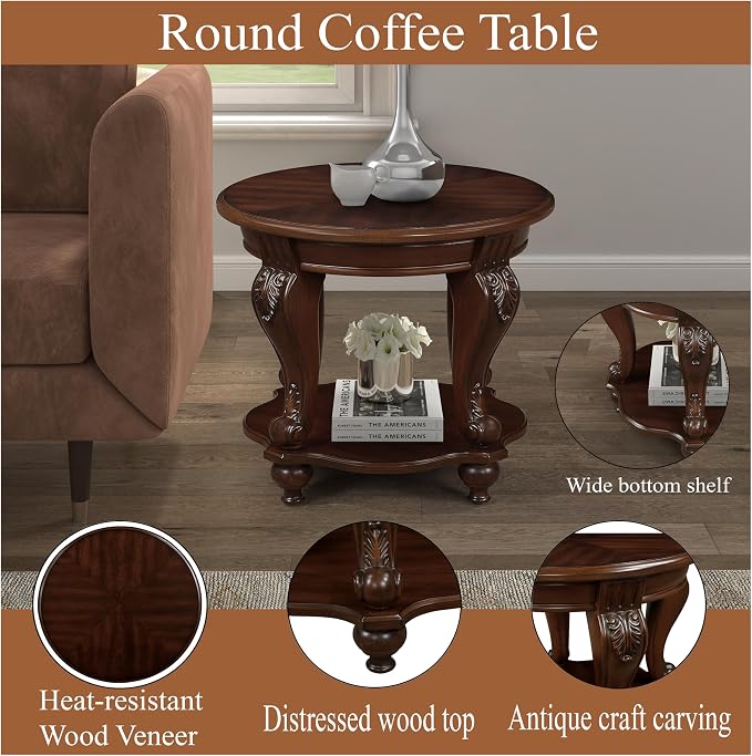 JIJIWANG Wood Round Sofa Table with Antique Carved Legs Oval End Table with Buttom Shelf for Small Space, Cherry