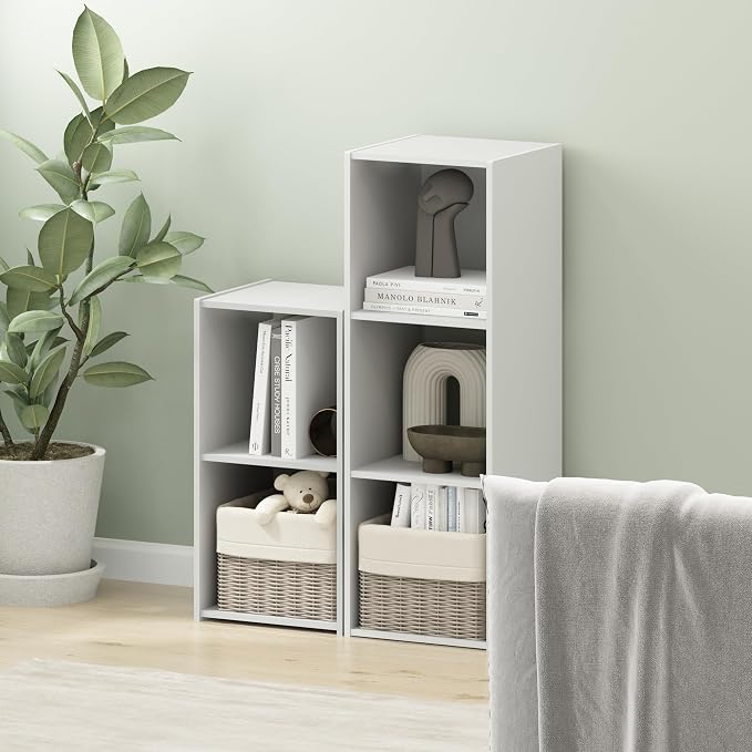 Furinno PELLI Book Shelf, 3-Cube Bookshelf with Open & Closed Back Cubes, 3 x 1 Storage Organizer Cabinet, 11.6 x 12.2 x 35.9, for Living Room, Bedroom, Home Office, White