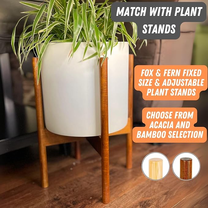 Fox & Fern Large Indoor Planter, Modern Large Plant Pot for Indoor or Outdoor, UV and Frost Resistant - 8 Inch, Fiberstone, Matte White Flower Pot with Drainage Plug, Lightweight