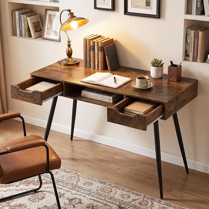 Tangkula Mid Century Modern Computer Desk, Writing Desk with 2 Drawers & Open Center Storage, Small Wooden Study Table for Home Office & Compact Spaces (Rustic Brown)