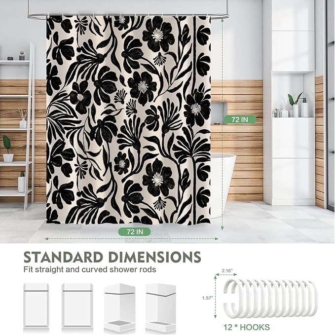 Black Boho Vintage Floral Shower Curtain，Mid Century Modern Retro Cute Abstract Flower Leaves Aesthetic Bathroom Decoration，Polyester Fabric Waterproof Bath Curtain 72x72 Inch with 12 Hooks