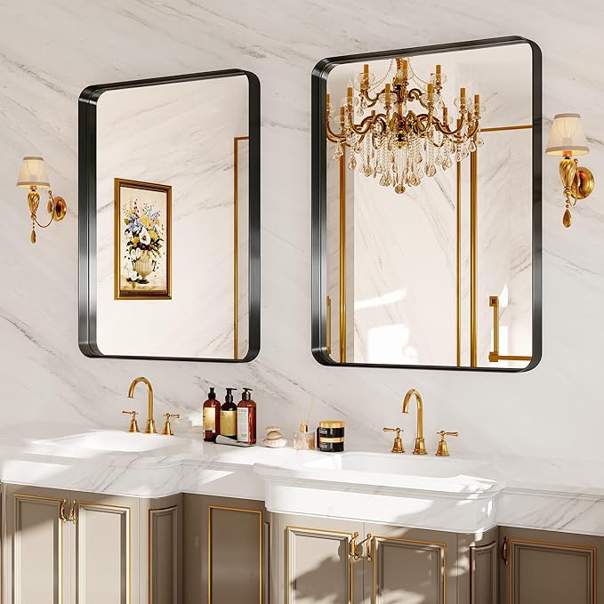 Black Bathroom Mirrors for Over Sink,24X36 Inch Matte Metal Framed Vanity Rounded Rectangle Vanity Mirror, HD Tempered Glass, Anti-Rust, Horizontally or Vertically Hanging