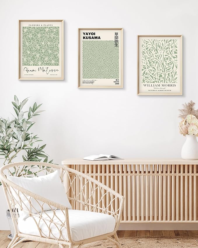 HesenDot Framed Matisse Sage Green Wall Art,William Morris Canvas Wall Decor,16x12IN High Framed Wood Design Prints,Minimalist Classic Decor Aesthetic for Living Room,Bedroom,Bathroom Set of 3