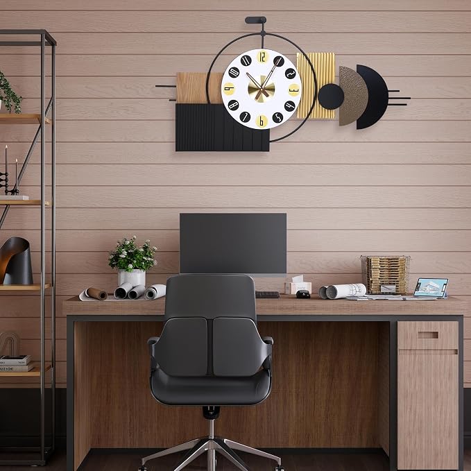 Luxury Modern Wall Clocks-Large Geometric Dial Wall Clock Battery Operated,Wood Metal Frame Big Clock Silent Non Ticking for Living Room, Bedroom,Kitchen,Office -42X21.6 Inch