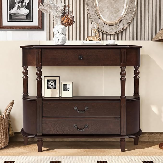 Solid Wood Retro Curved Console Table, 43" Half Moon Console Table Sofa Table Entryway Table with 3 Drawers Open Shelf Pine Roman Legs Curved Corners for Living Room,Entryway,Hallway,Espresso
