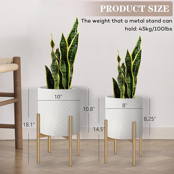 Oakrain Planters for Indoor Plants, Set of 2 Modern Planter with Stand, Decorative Metal Planter Pots for Living Room, Office, Garden, Balcony, 8"&10", Cream White
