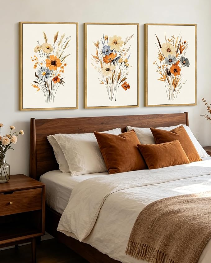 KUVIOKE Vintage Wildflower Bouquet Framed Wall Art Retro Flower Botanical Pictures Illustrations Colorful Floral Hanging Decor 24x36in (Natural Framed)
