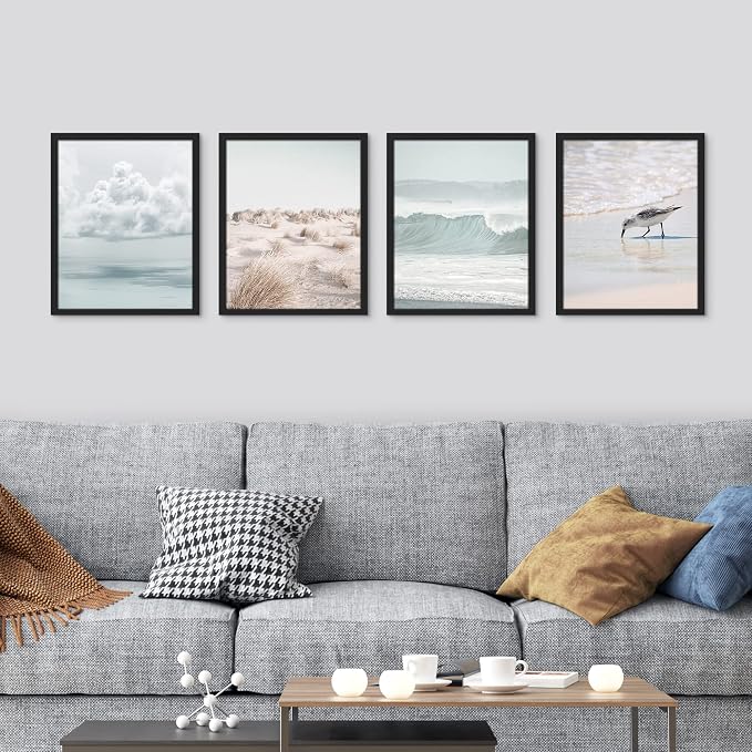 SIGNWIN Framed White Nautical Ocean Sea Beach Grass Seagull Wall Art, Set of 4 Landscape Colorful Wall Decor Prints, Nature Wilderness Wall Décor for Living Room, Bedroom - 11"x14" Black