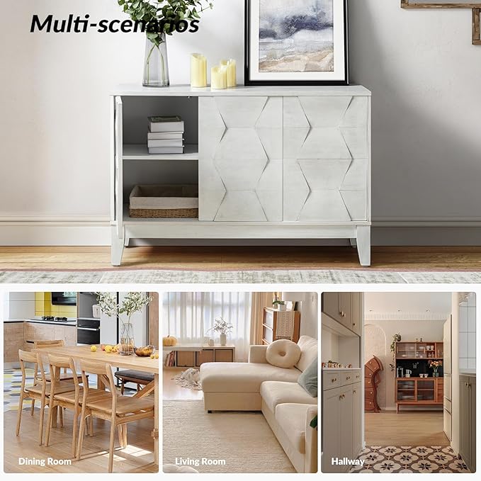 HULALA HOME Modern Kitchen Buffet Cabinet Storage Sideboard with 3D Geometric Design, Freestanding Floor Cabinet with 3 Doors & 2 Adjustable Interior Shelves for Living Room Dining Room Hallway, White