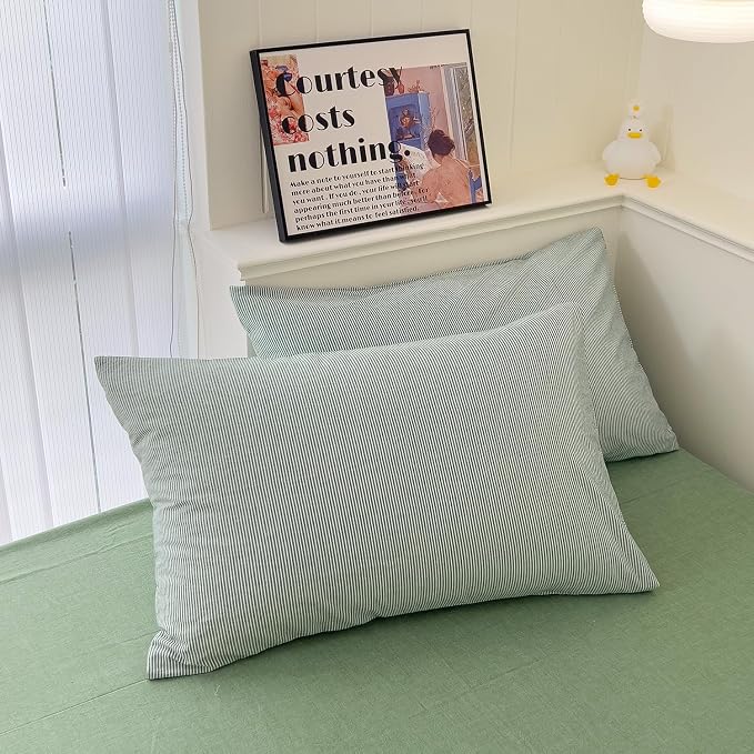 mixinni Green Striped Duvet Cover Twin Size - 100% Washed Cotton Pinstripe Comforter Cover with Zipper Closure, Lightweight & Breathable, 3 Pieces Minimalist Stripes Pattern Printed Bedding Set