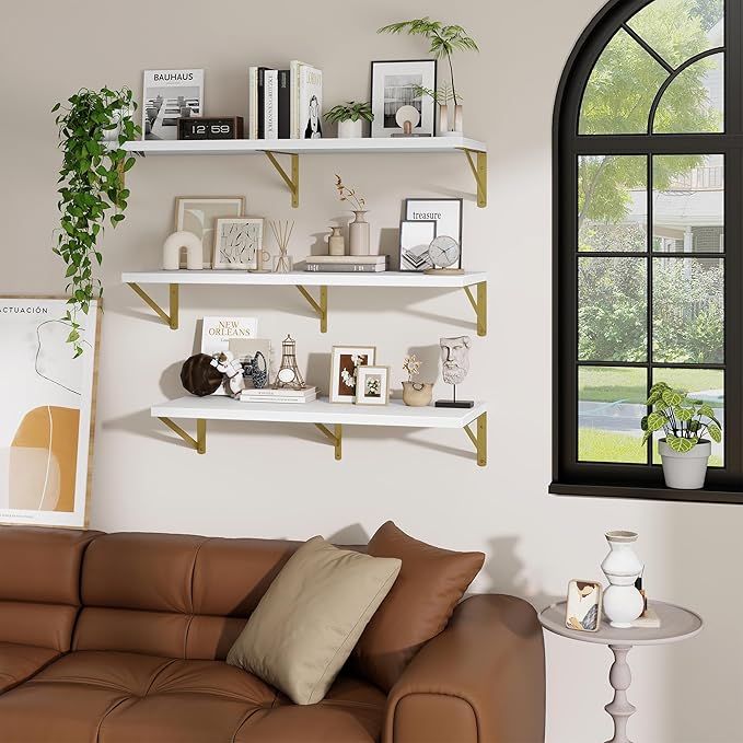 Deep Wall Shelves 48"W x 12"D Engineered Wood Floating Shelves for Wall, Sturdy Metal Bracket(Gold) Bookshelves Home Decor Storage for Living Room Bedroom Bathroom Kitchen, Set of 2, White Finish