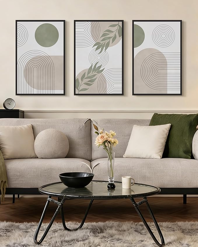 Drsoum Green Bohemian Wall Art Framed Boho Plant Sage Wall Decor Abstract Geometry Artwork Bedroom Home Office Living Room Prints Ready to Hang 16x24in Black Framed
