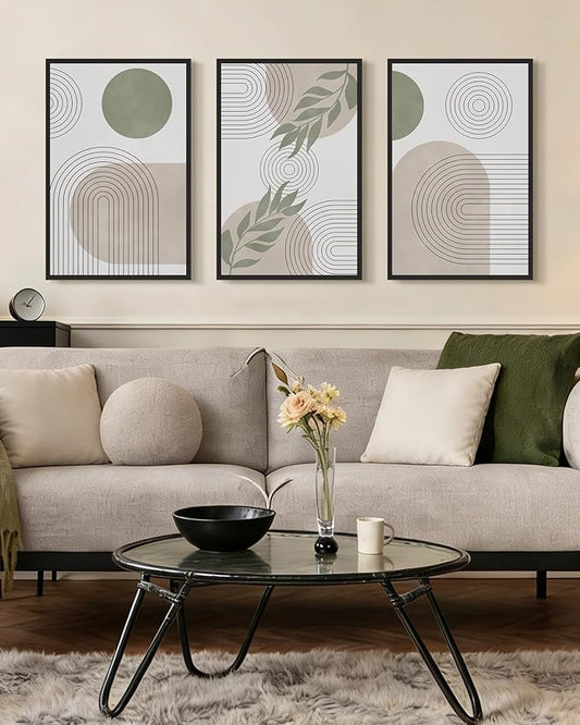 Drsoum Green Bohemian Wall Art Framed Boho Plant Sage Wall Decor Abstract Geometry Artwork Bedroom Home Office Living Room Prints Ready to Hang 16x24in Black Framed