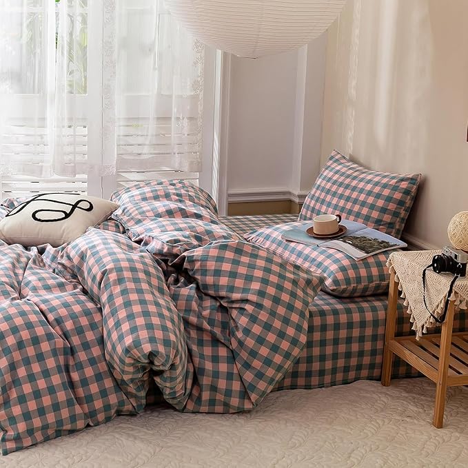 mixinni Pink Blue Purple Checkered Duvet Cover Set - Full Size, 3-Piece 100% Cotton Bedding Set, Soft & Breathable Geometric Plaid with Zipper Closure, Reversible Comforter Cover for All Seasons