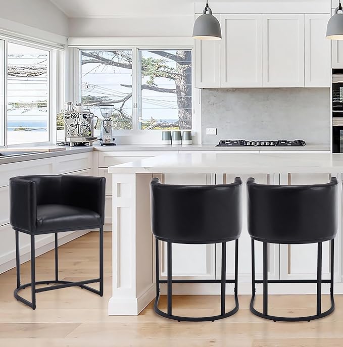 PU Leather Bar Stools Set of 3, Modern Upholstered Counter Height Bar stools 24" Leather Barstools Barrel Kitchen Counter Island Stools with Black Metal Base, Black