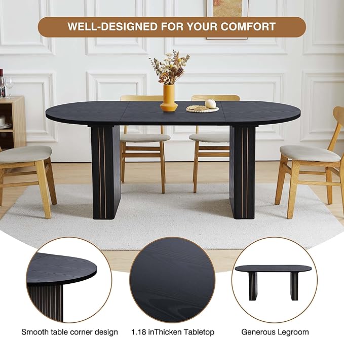 70.8 Inch Kitchen Dining Table for 4-6 People, Oval Kitchen Table with Wood Strip Base, Modern Farmhouse Large Round Dining Room Tables for Home Living Room (Black)