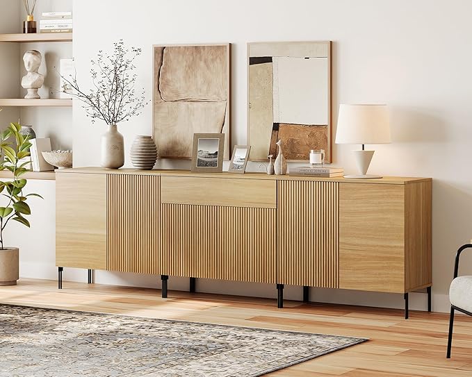 WAMPAT 94.5" Buffet Sideboard Cabinet with 1 Drawer & 6 Doors, 3-in-1 Fluted Storage Cabinet with Adjustable Shelves, Modern Buffet Table Coffee Bar Wine Bar Cabinet for Dining Room, Living Room, Oak