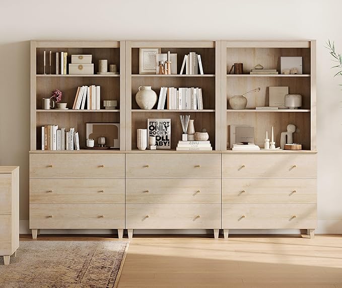 WAMPAT 71" Tall Bookcase with 9 Drawers & Open Shelves, 3 Column Modern 3-Tier Bookshelf with Adjustable Shelf, 106" Wide Wooden Display Book Shelf for Home Office, Living Room, Bedroom, Light Oak