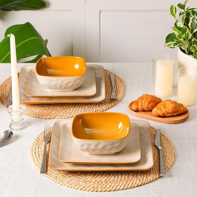 vicrays Ceramic Square 12 Pieces Dinnerware Set - Dinner Plates Salad Plates Cereal Bowls Set Service for 4 - Scratch Resistant Microwave Oven Dishwasher Safe - Beige