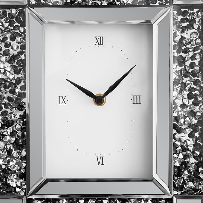 SHYFOY Luxury Crystal-Embedded Mirrored Table Clock, Elegant Decorative Clock with Roman Numerals for Home & Office, Silver Glam Desk Clock Home Decor