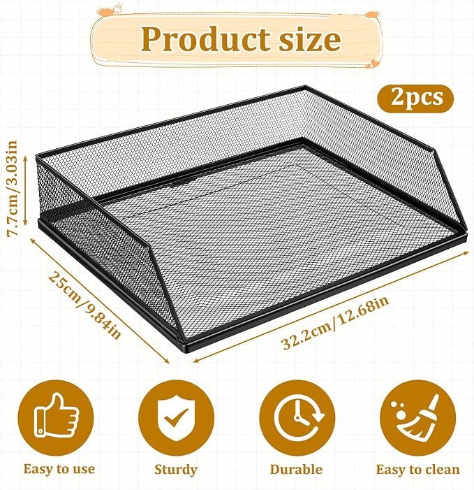 2 Pack Wire Mesh Letter Trays Paper Tray, 2-Tier Metal Mesh Desktop Organizer, Stackable Metal Front-Load Documents Tray, File Folder Sorter Organizer for Office Home(Transverse)