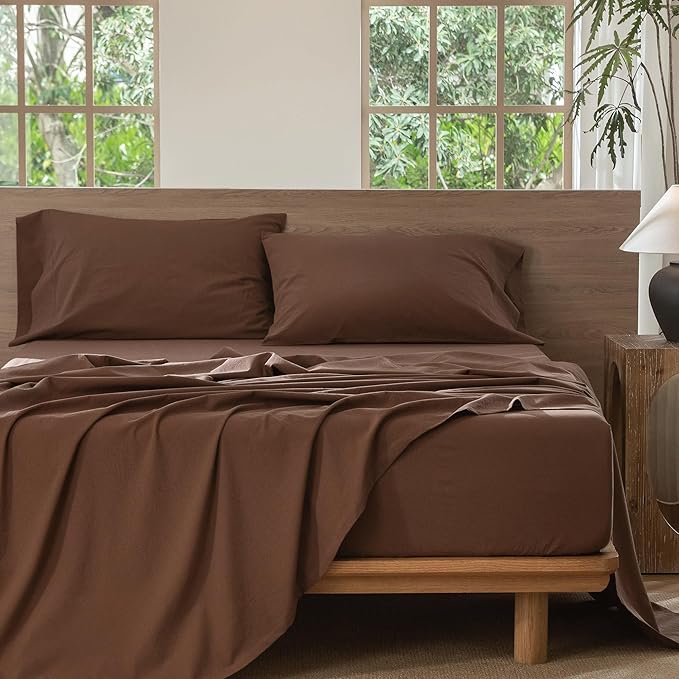 MooMee Bedding Sheet Set 100% Washed Cotton Linen Like Textured Breathable Durable Soft Comfy (Solid Cocoa Brown, King)